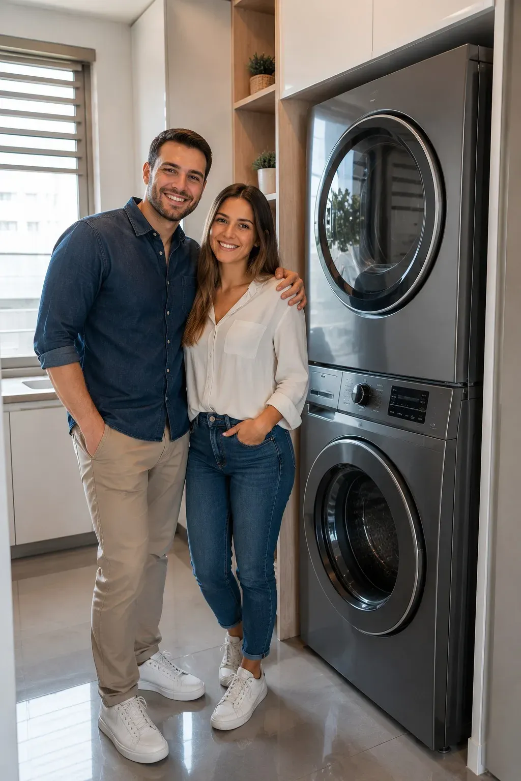 Reparación de electrodomésticos en El Poblado Pareja de clientes satisfechos junto a su lavadora y secadora Samsung en un apartamento de Medellín