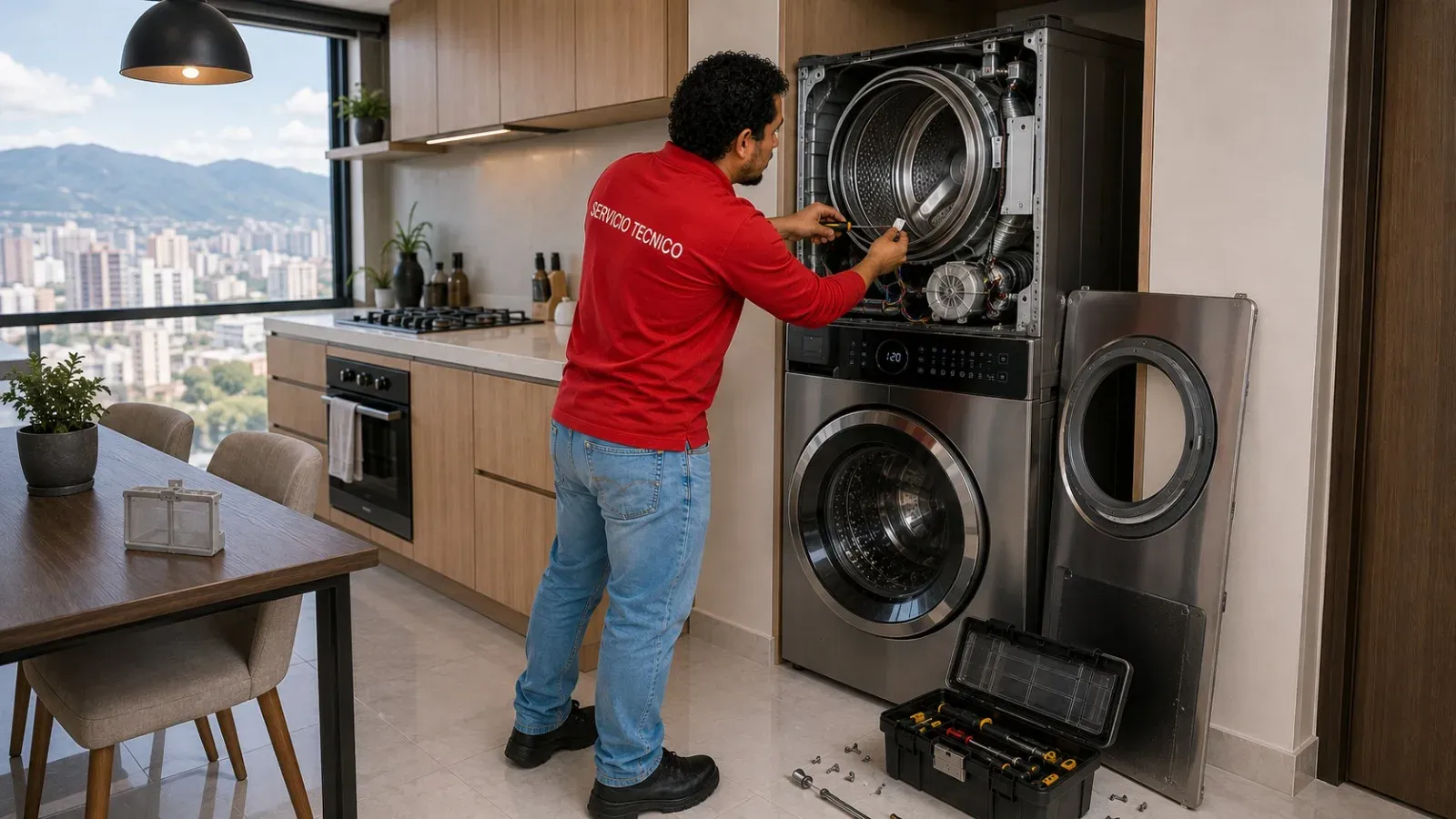 Códigos de error en secadoras Samsung y LG Técnico revisando el panel y la instalación de una secadora Samsung en un hogar de Medellín