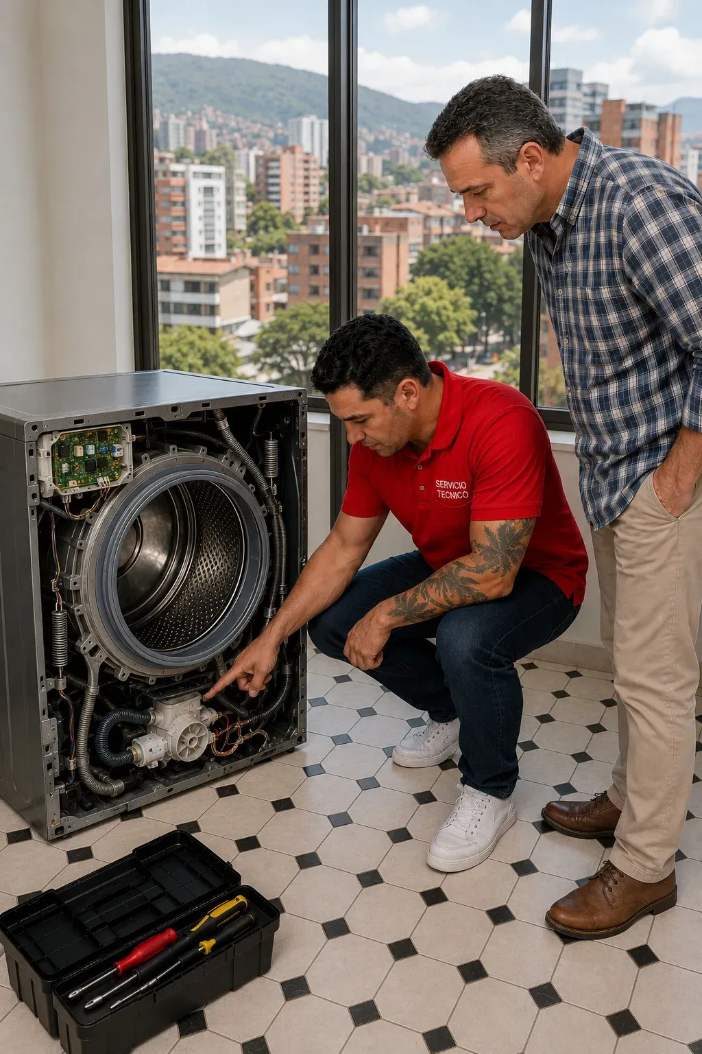 Reparación de lavadoras LG en Medellín Técnico de servicio mostrándole a un cliente la reparación de una lavadora a domicilio en Medellín