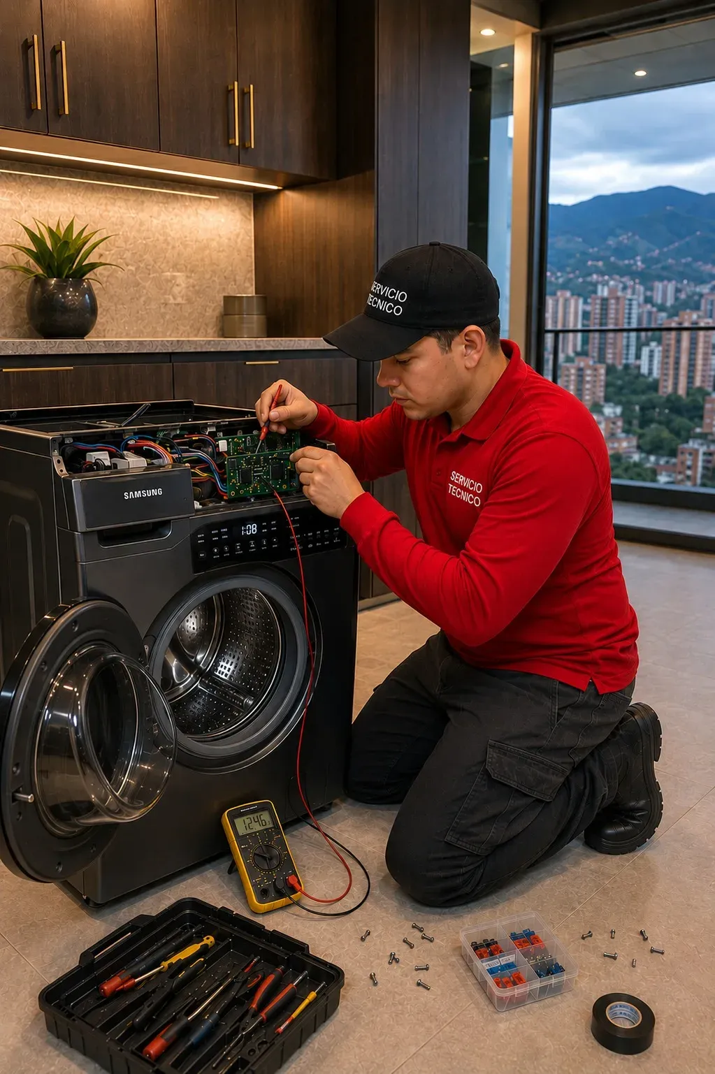 Errores comunes en lavadoras Samsung Técnico probando con multímetro la tarjeta electrónica de una lavadora Samsung en Medellín