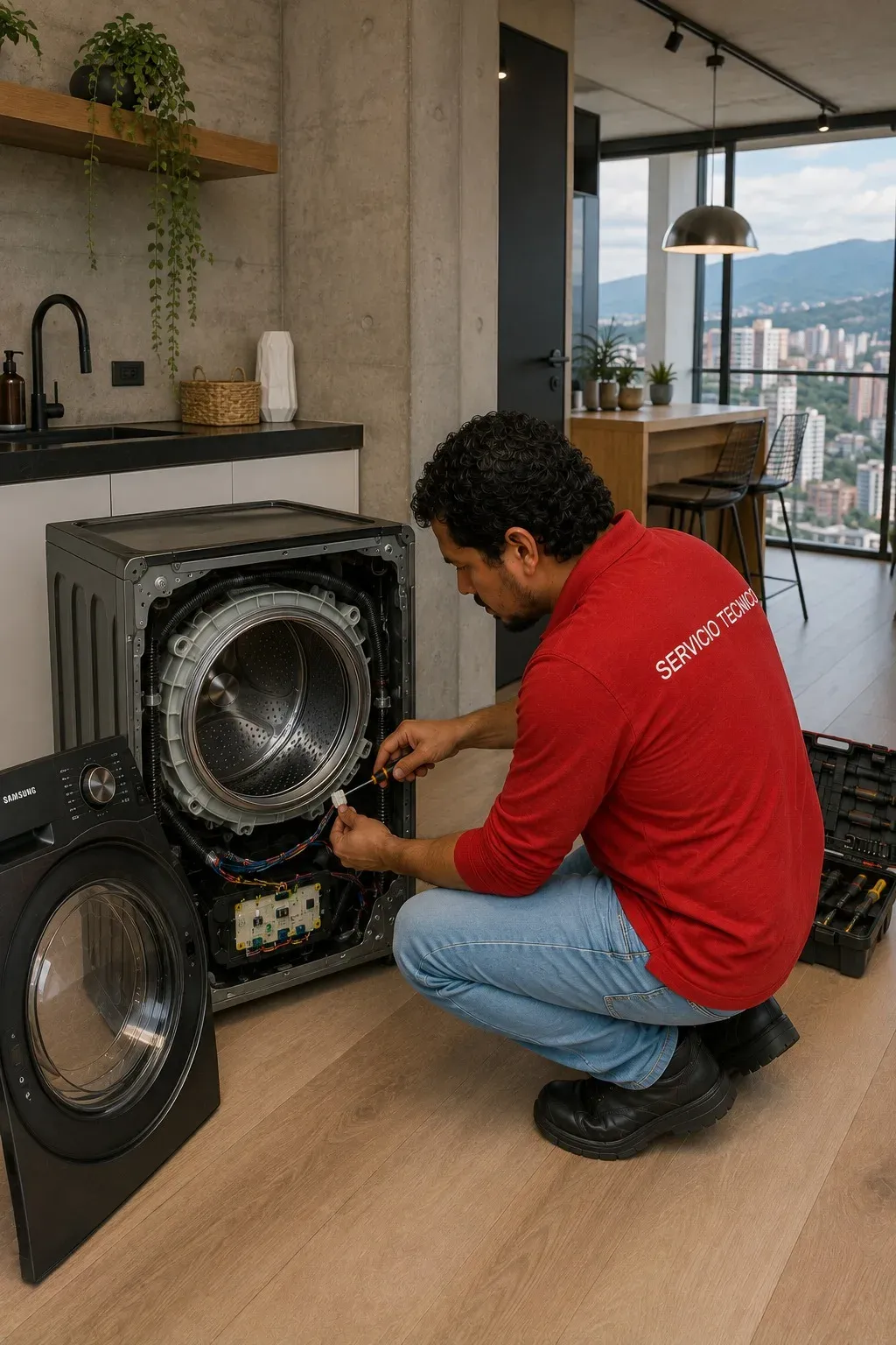 Errores comunes en lavadoras LG Técnico conectando el arnés eléctrico interno de una lavadora en Medellín