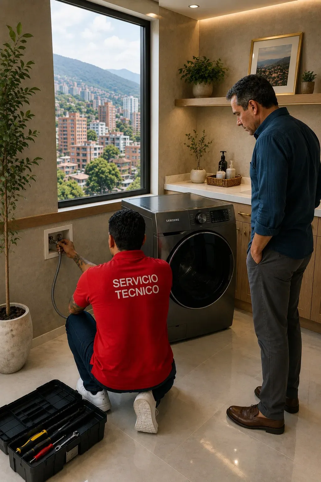 Técnico reparando una torre de lavadora y secadora Samsung en una cocina de Sabaneta