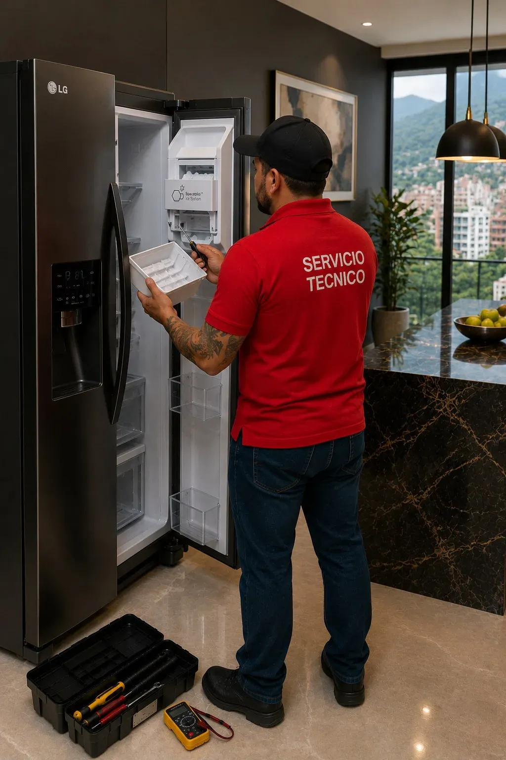 Nevecón que no hace hielo o no dispensa agua Técnico revisando el fabricador de hielo y el dispensador de un nevecón LG en Medellín