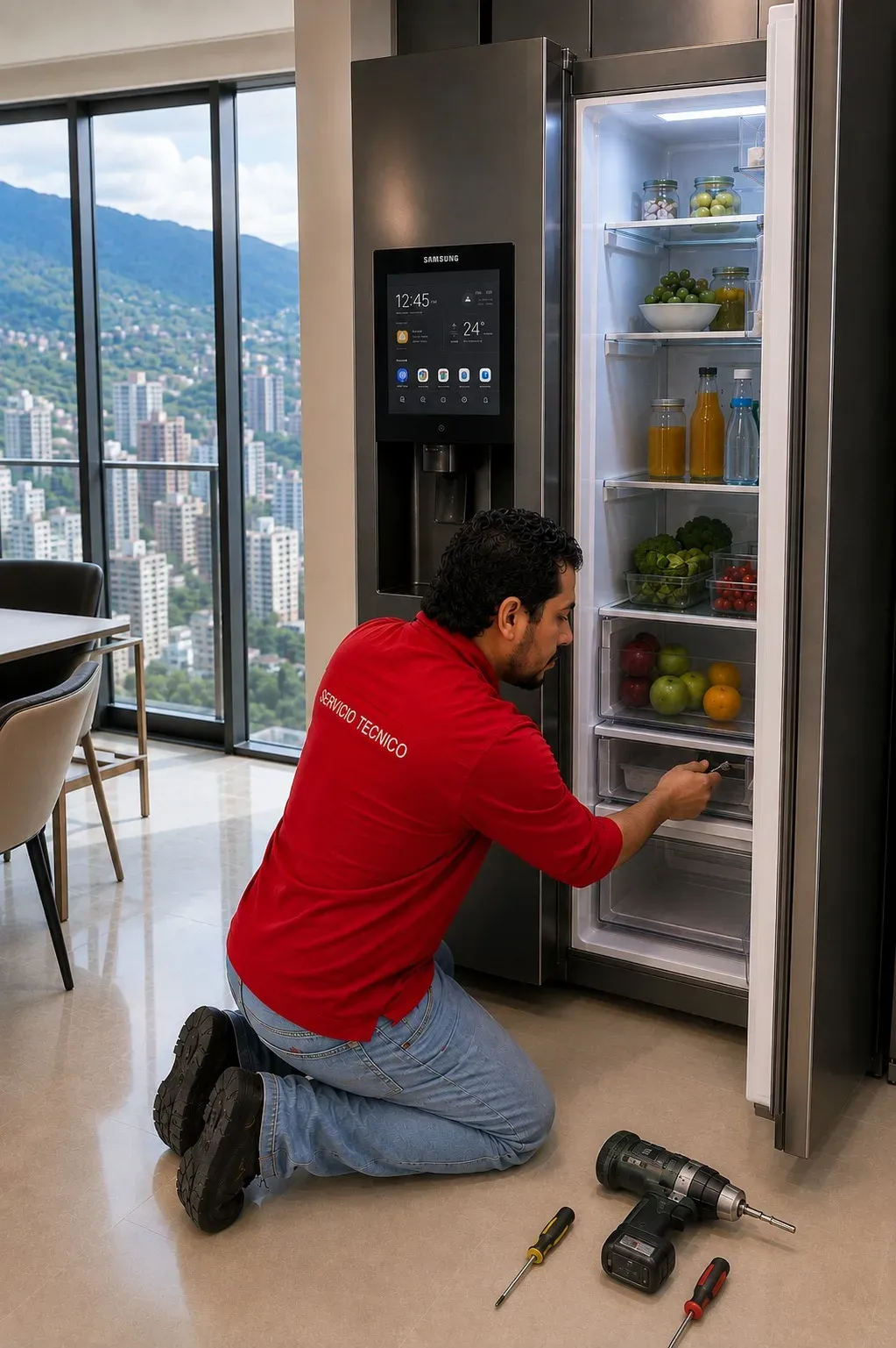 Errores comunes en neveras Samsung Técnico revisando una nevera Samsung con pantalla Family Hub en Medellín